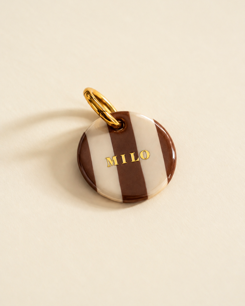Médaille pour chien personnalisée Cinnamon Rolls, rayures caramel et beige, prénom en lettres dorées