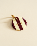 Médaille pour chien personnalisée Good Taste, rayures bordeaux et jaune beurre, prénom en lettres dorées