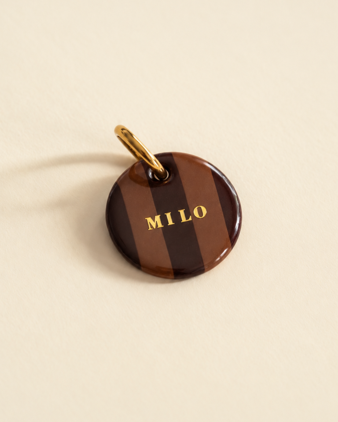 Médaille pour chien personnalisée Slow Living, rayures caramel et chocolat, prénom en lettres dorées
